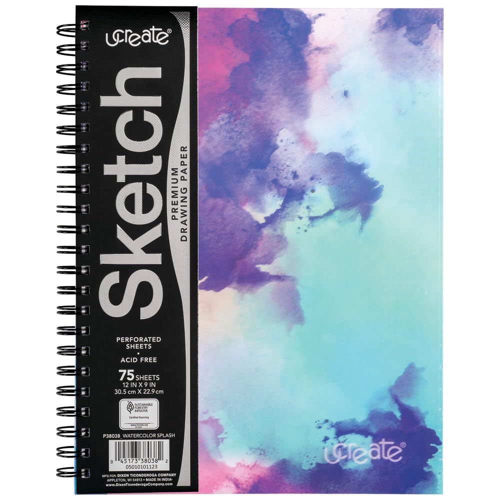 UCREATEFashion Poly Sketch Book, Watercolor Splash, 9" x 12", 1 Count