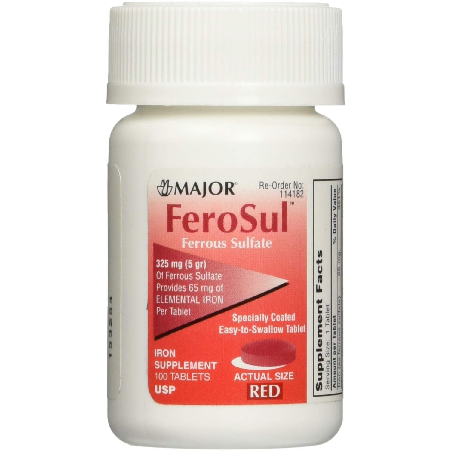 Major Ferosul - Ferrous Sulfate 325mg Tablets with 65mg of Elemental Iron - Iron Supplement for Women, Men - Red - 100 Tablets - Pack of 1