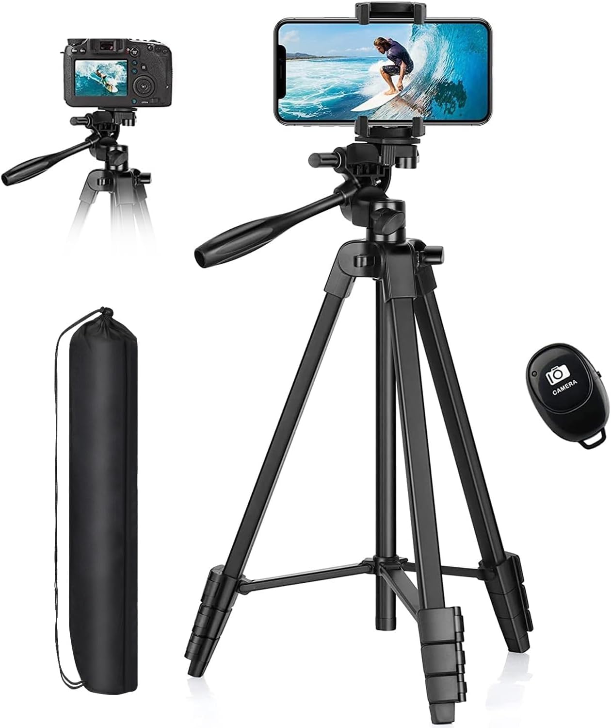 Eocean 136cm Camera Tripod Stand with Bag, Portable Tripod for Camera and Mobile Phone, Extendable Aluminum Phone Tripod for iPhone with Remote, Travel iPhone Tripod for Video Recording