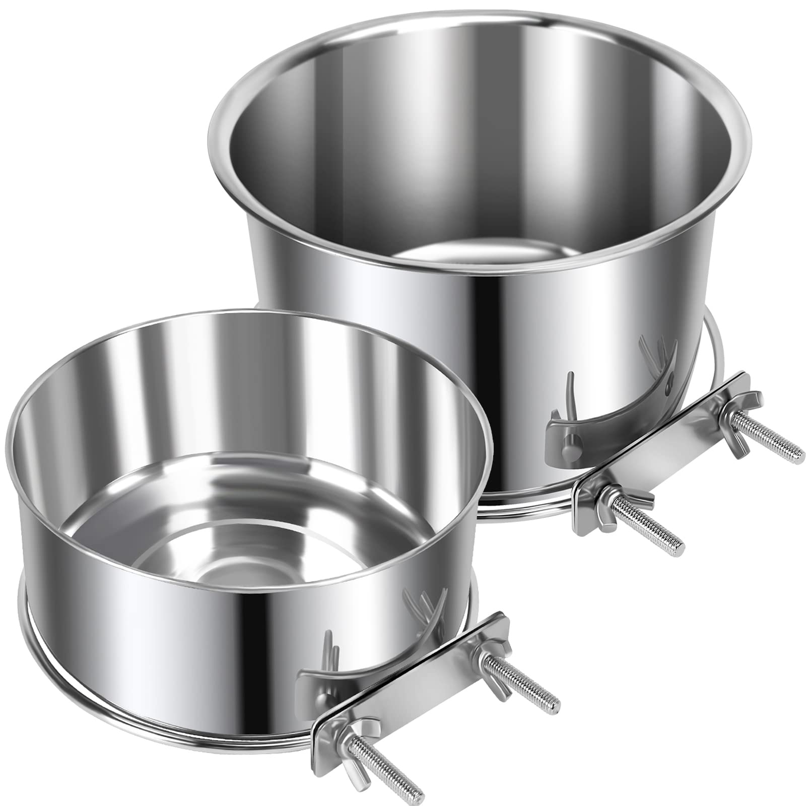 Pet Dog Food Water Bowl for Cage, Stainless Steel Non-Spill Kennel Hanging Cats Bowls with Clamp Holder Crate Feeder Dish for Small Medium Large Dogs (Silver, L (77 & 45 OZ))