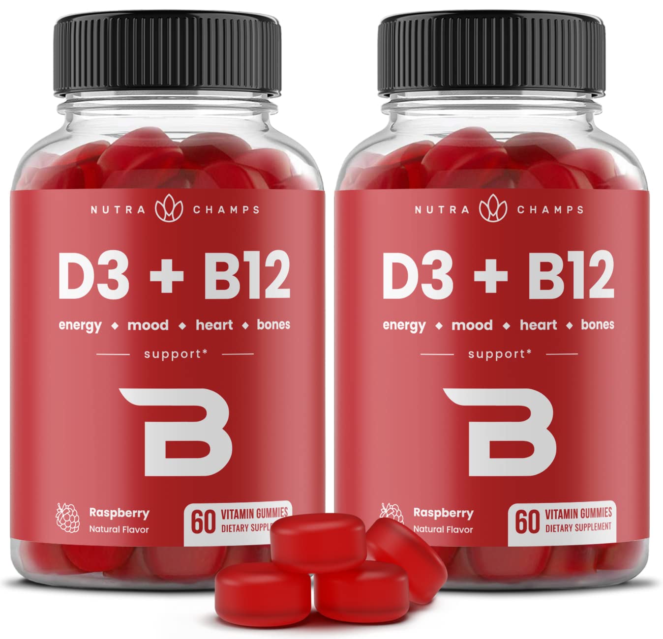 Vitamin D3 & Vitamin B12 | Methyl B12 Gummies for Adults & Kids | Enhanced with Vitamin D 3 & B9 Vitamin Folate | Natural Energy, Mood, Metabolism & Focus | Raspberry | 120 Gummies (2 Pack)