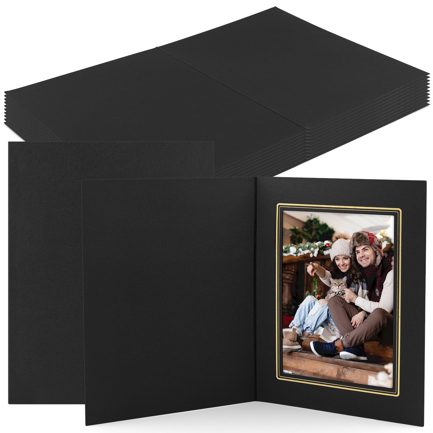 Golden State Art, Pack of 10, 5x7 Photo Folders, Cardboard Picture Frame, Paper Photo Frame Cards, Greetings/Invitation Cards, Special Events: Graduation, Christmas (Black with Gold Lining)