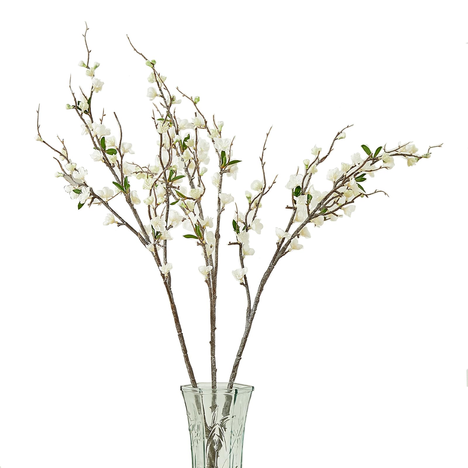 3Pcs Artificial Plum Blossom Fake Silk Cherry Blossom Branches Flowers for Tall Vases, Faux Long Stems Wintersweets Arrangement for Wedding Home Office Bedroom Spring Party Decor (White)