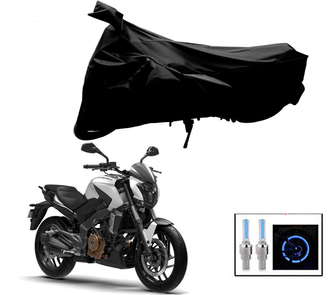 Riderscart 100% Waterproof, Dustproof & UV Protection Bike Cover Combo with Motion Censoring Blue Tyre Light and Storage Bag Body Covers for Bajaj Dominar - Silver