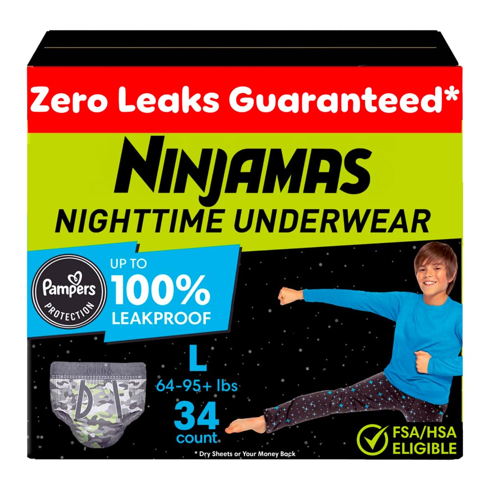 Ninjamas Nighttime Bedwetting Underwear Boys - Size L (64-125 lbs), 34 Count