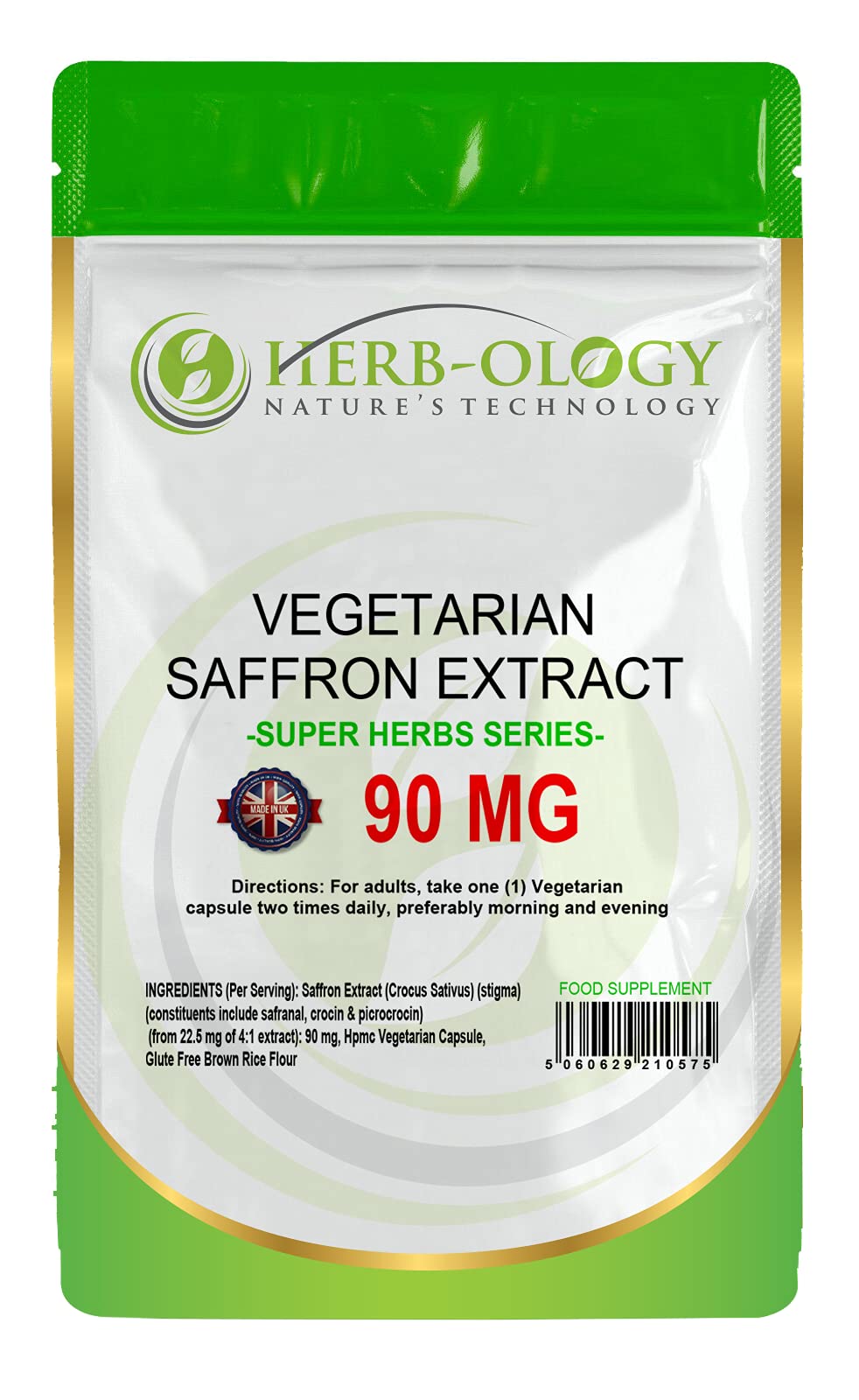 Herb-Ology Saffron Supplement | 60 Saffron Capsules (from 4:1 Extract) - 90mg Per Serving | High Strength | Non-GMO, Gluten, Dairy & Allergen Free | Manufactured in The UK