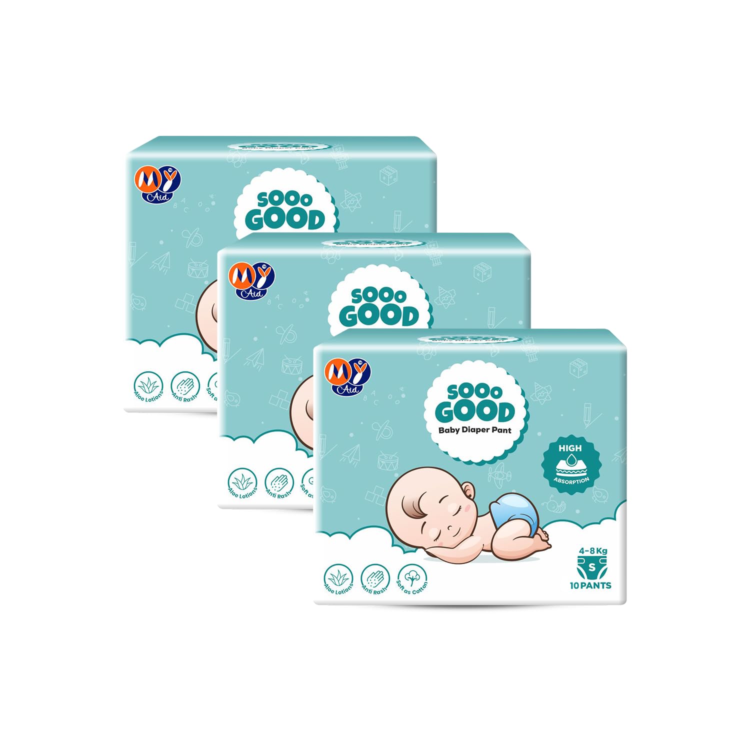 MYAID High Absorption Sooo Good Baby Diaper Pant, S Size (4-8 kg), 10 Pant - (Pack of 3)