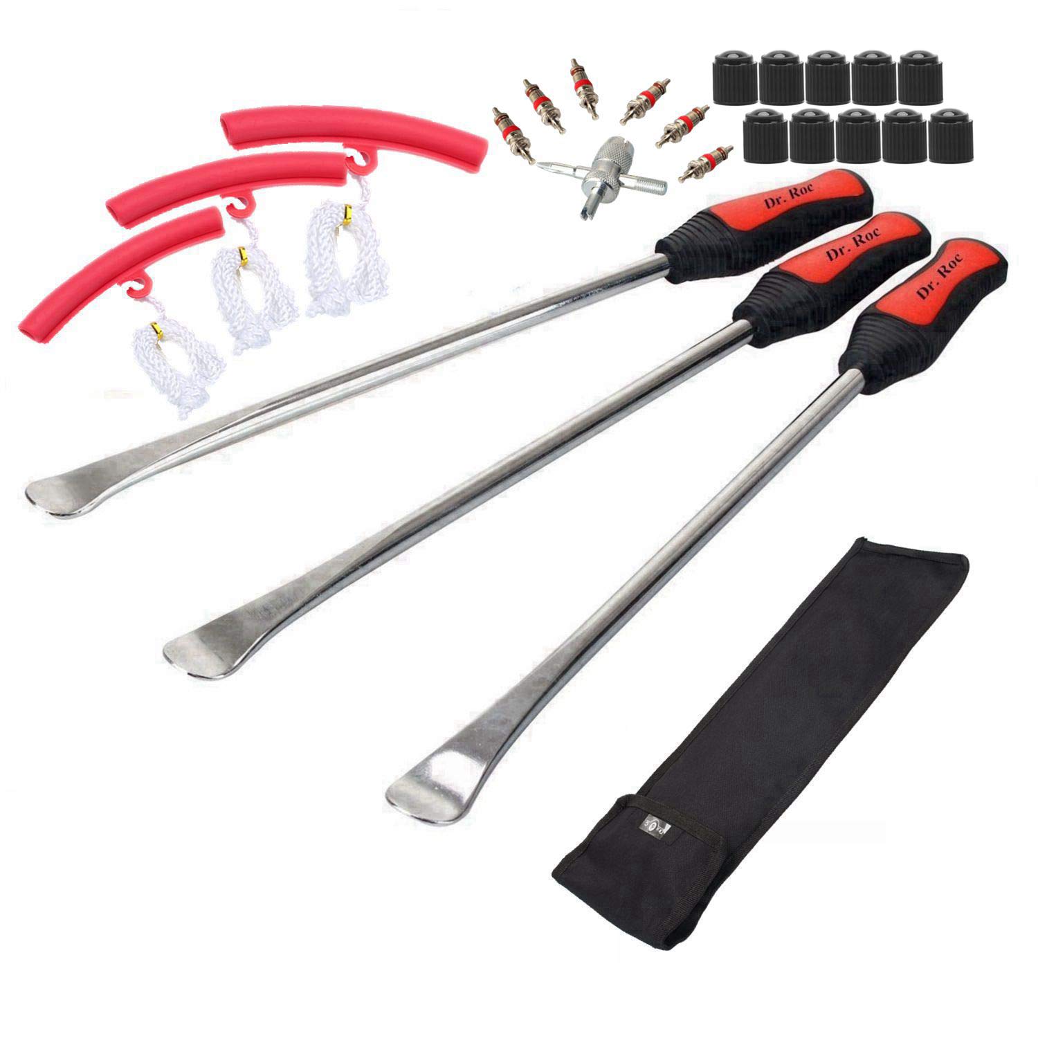 Dr.Roc14.5 inch Perfect Leverage Tire Spoon Lever Iron Tool Kit Motorcycle Dirt Bike Lawn Mower Tire Changing Tool with Durable Bag 3xTire Spoons and 3xRim Protectors and Valve Core and Caps Set