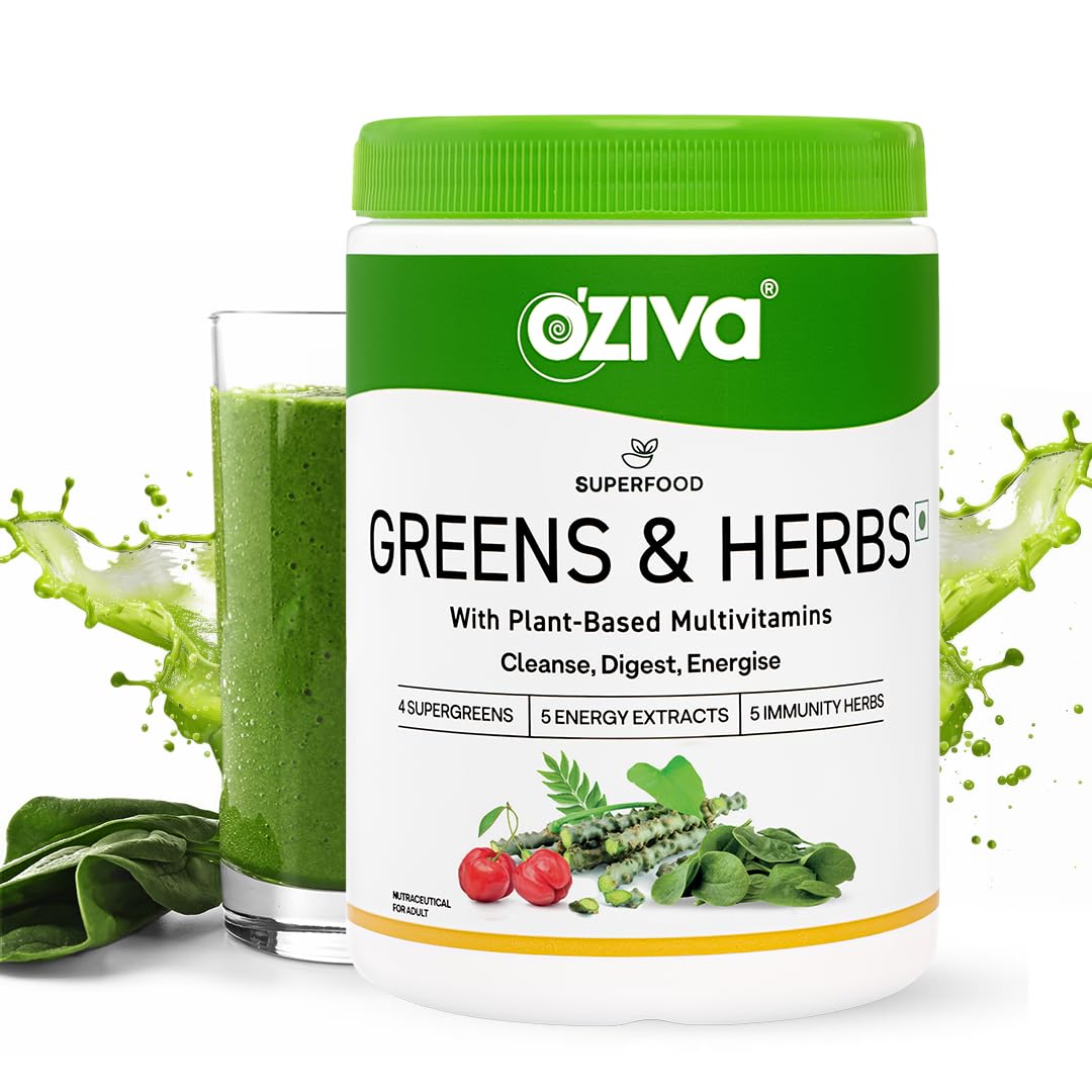 OZivaSuperfood Greens & Herbs, 250G For Better Metabolism, Detox & Digestion, Brain & Heart Health (Greens Supplement With 35+ Superfoods, Greens And Herbs, Chlorella & Moringa) Certified Vegan