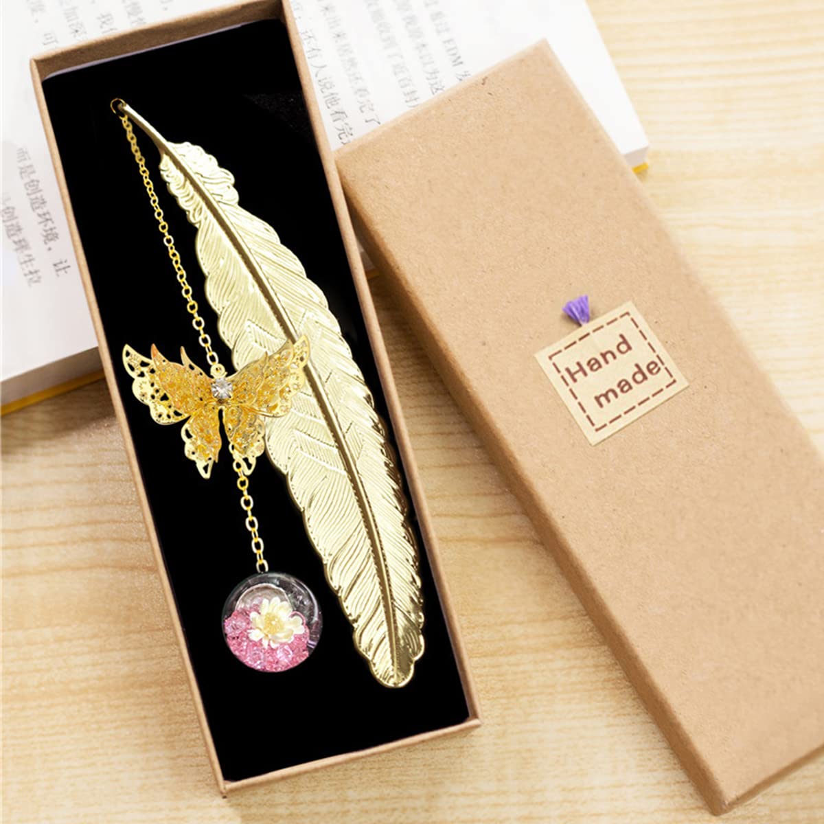 ECVV Metal Feather Bookmarks with 3D Butterfly and Dried Flower Pendant Gold Retro Book Page Markers Leaf Book Marks Gift for Book Lovers Teachers