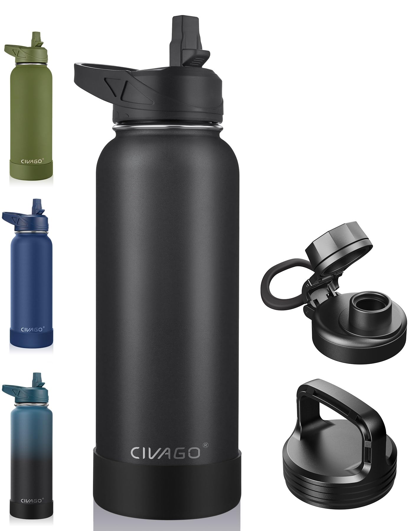 CIVAGO 40 oz Insulated Reusable Water Bottle With Straw, Stainless Steel Sports Drinks Cup Flask with 3 Lids (Straw, Spout and Handle Lid), Double Walled Travel Thermal Canteen Mug, Midnight Black