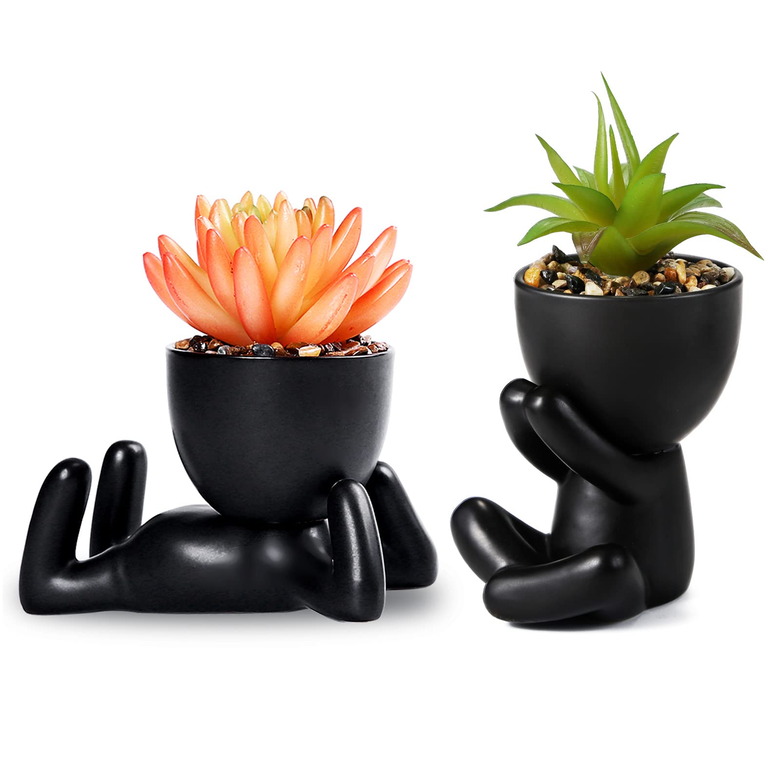 SUTINE 2PCS Fake Succulents Plants Artificial Plants in Pots, Small Fake Plants in Cute Human Shaped Ceramic Pots, Mini Potted Succulents for Bathroom, Bedroom, Window Sill Office Desk Decor, Black