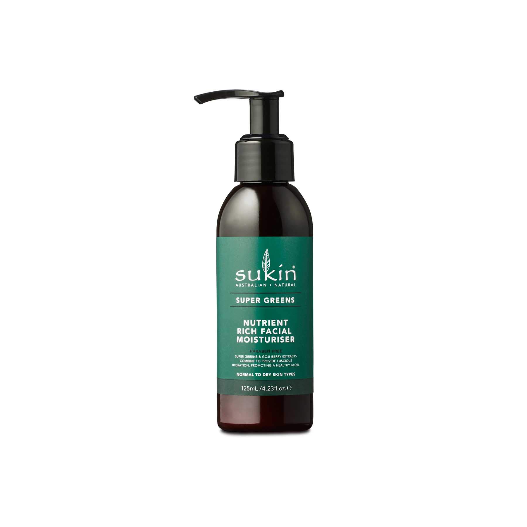 Sukin Super Greens Nutrient Rich Facial Moisturiser 125ml - Paraben & Sulphate Free - With Kale, Acai, Goji Berry, Rosehip - For Dull, Dry, Sensitive Skin