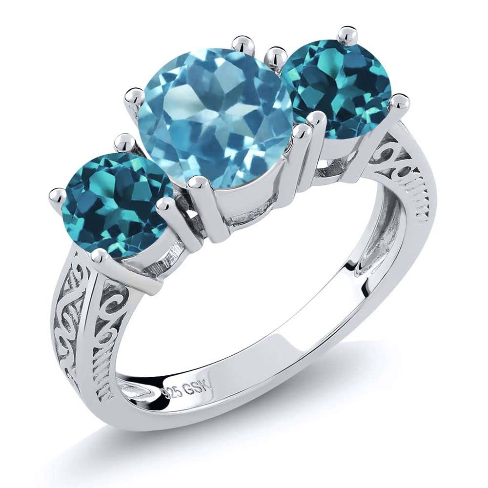 Gem Stone King925 Sterling Silver Swiss Blue and London Blue Topaz 3-Stone Women's Ring (2.40 Cttw Available 5,6,7,8,9)