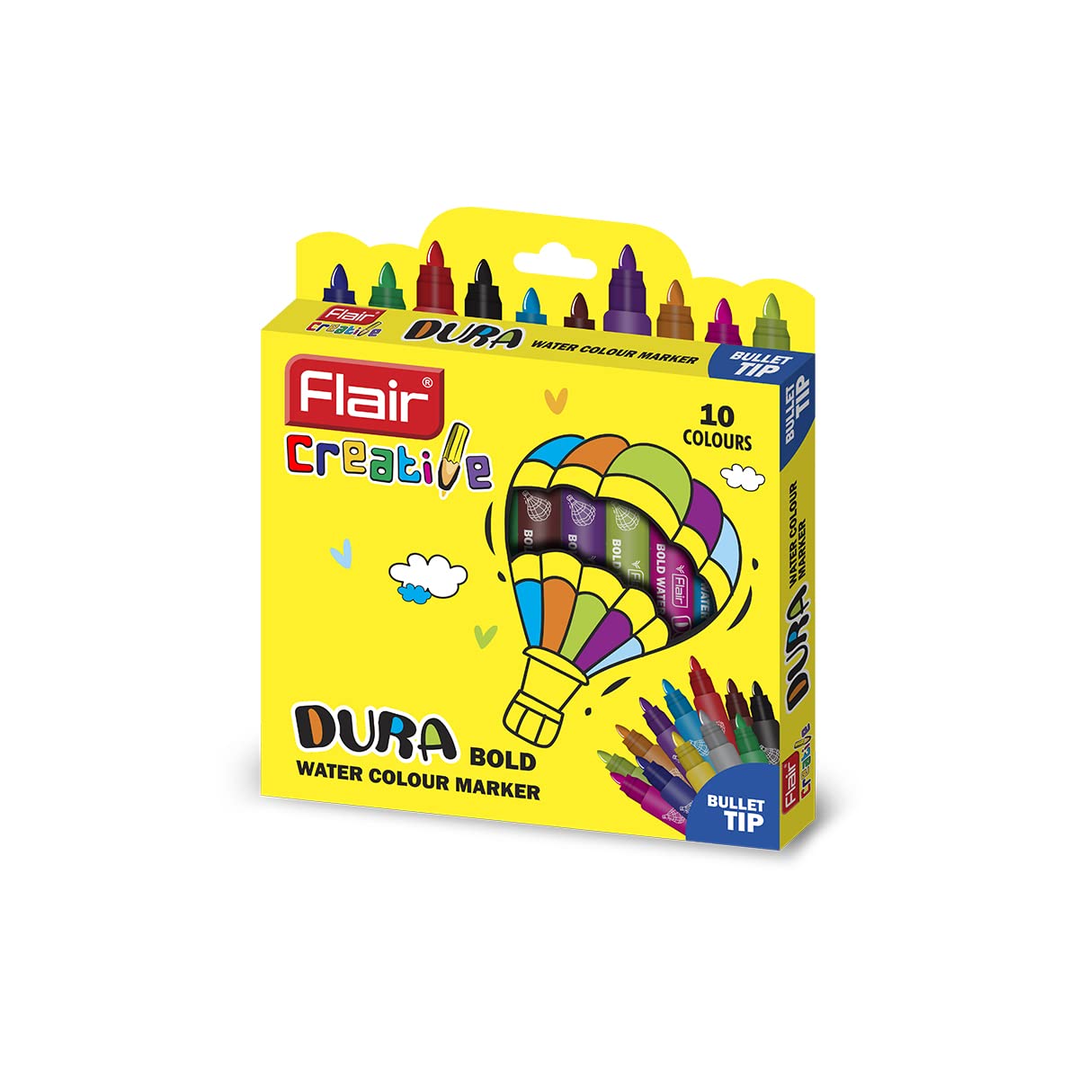 FLAIR Creative Series Dura Bold Water Color Pen | Smudge Free Writing With Durable Built & Bullet Tip | Non-Toxic & Odorless Ink | Safe For Childrens | Set Of 10 Vivid & Bright Ink Colors