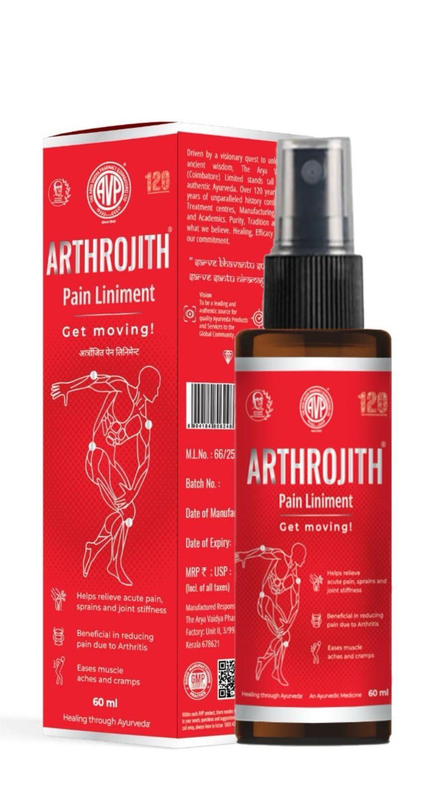 AVP Arthrojith Pain Liniment Relief Spray 60 ml, Dual Action Formula for Instant & Long-Term Relief from Joint, Muscle, Back Pain, Sprains, Sports Injuries