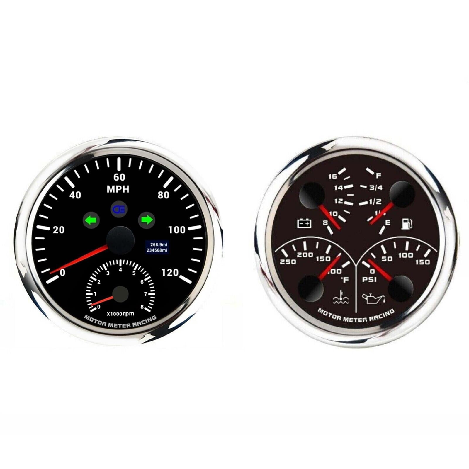 MOTOR METER RACING W PRO Series 2 Gauge Set 110mm 4-3/8" 2 in 1 GPS Speedometer & Tachometer, Multi-Function Volt, Fuel Level, Water Temperature & Oil Pressure Black Dial White LED for Car, Boat