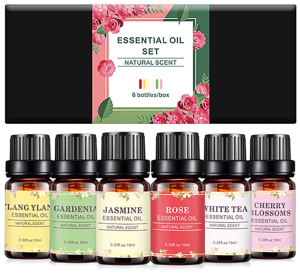 Baeskii Floral Essential Oils, 100% Pure Therapeutic Grade Oils kit-Top 6 Aromatherapy Oils - 6 Pack, 10ML, Valentine Gift for Women (Ylang Ylang, Gargenia, Jasmine, White Tea, Cherry Blossom, Rose)