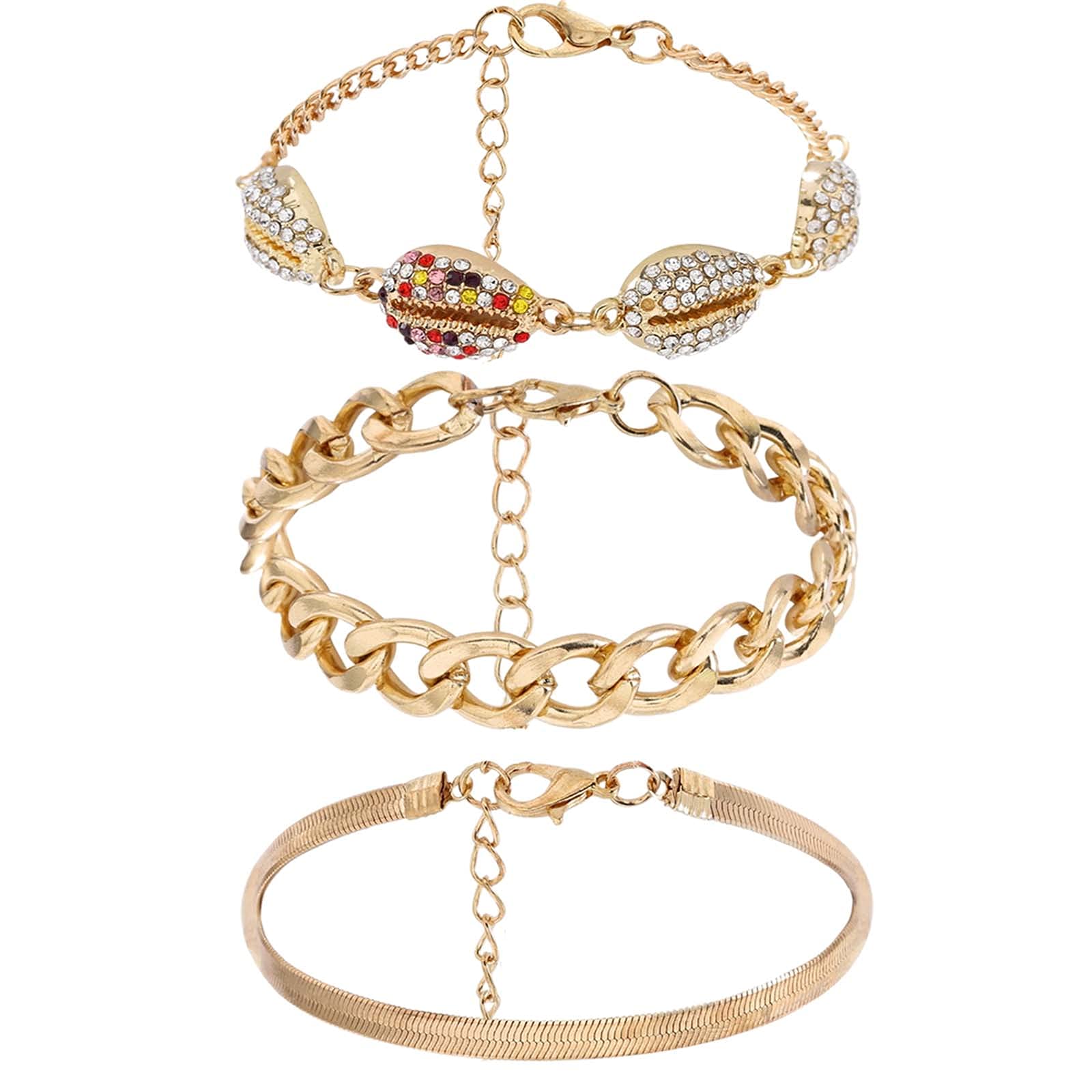 Woeoe Crystal Multilayer Bracelet Gold Rhinestone Stackable Bracelet Set Wide Oval Adjustable Chain Bracelets Party Fashion Hand Jewelry for Women and Girls（3 Pcs)