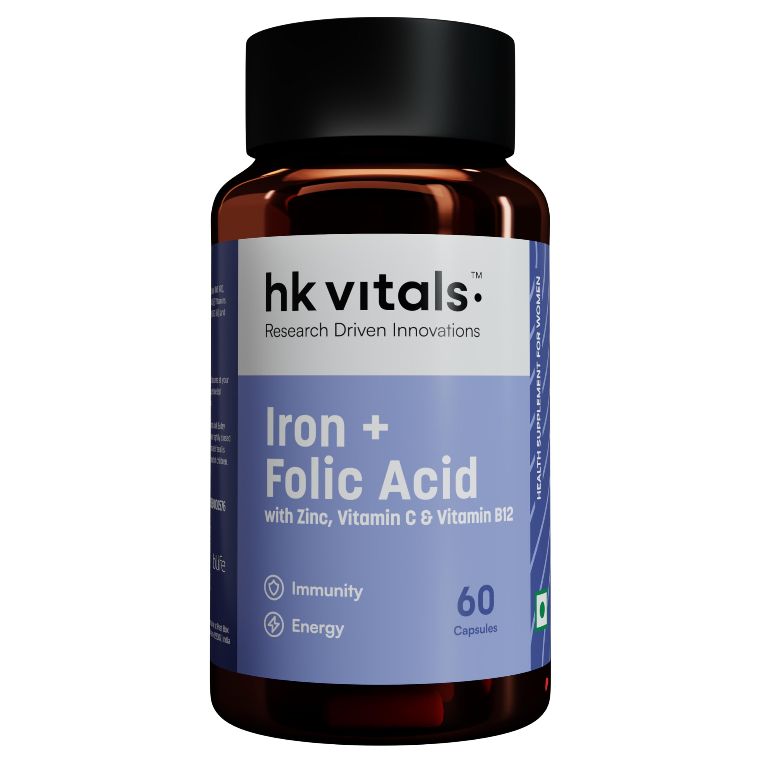 HealthKart hk vitals Iron + Folic Acid Supplement (60 Capsules) | With Zinc, Vitamin C & Vitamin B12, Supports Blood Building | Immunity and Energy