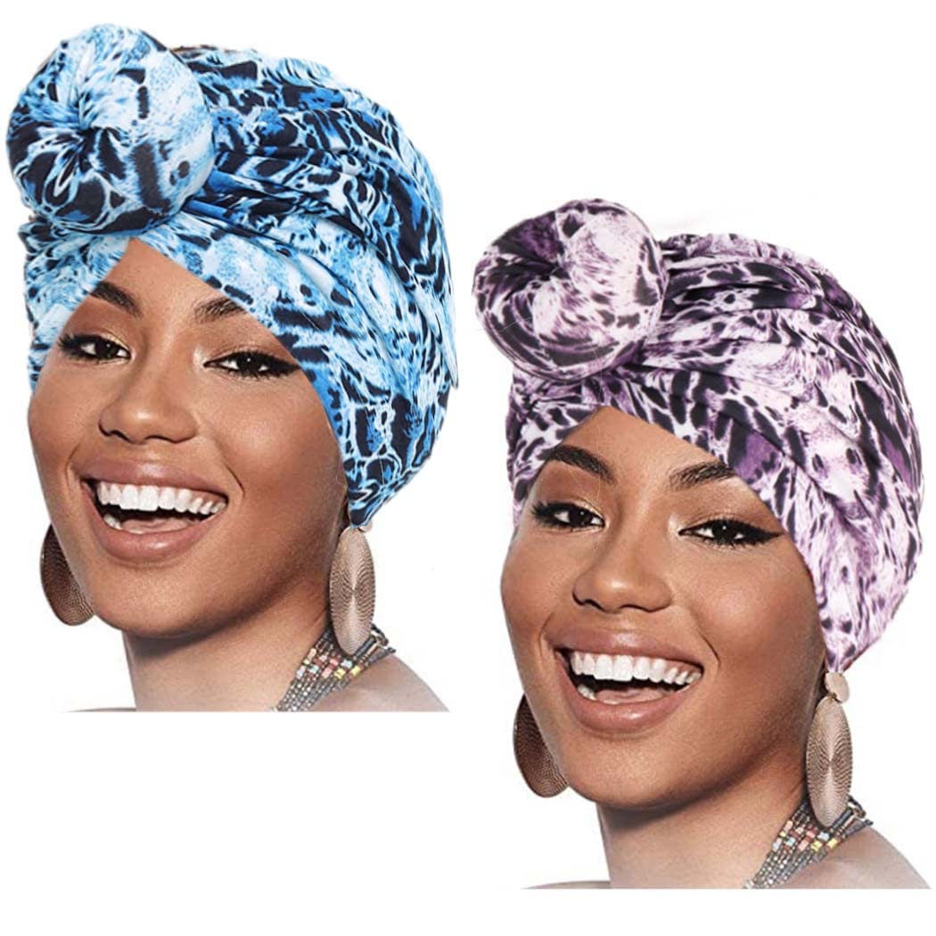 Woeoe Pre-Tied Cotton Cap Headwear Leopard Print African Head Wraps Knot Soft Headband Scarves Stretch Fabric Head Scarf for Women and Girls (Pack of 2)