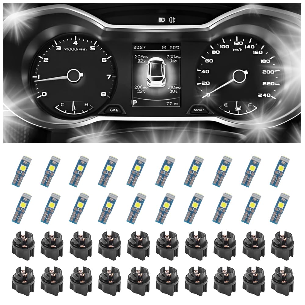 20PCS Car LED Dash Lights with Twist Lock Socket,Super Bright Instrument Cluster Bulbs T5 LED Light Bulbs,Universal 12V Dash Light Bulbs LED Lights for Car Interior Accessories (White)