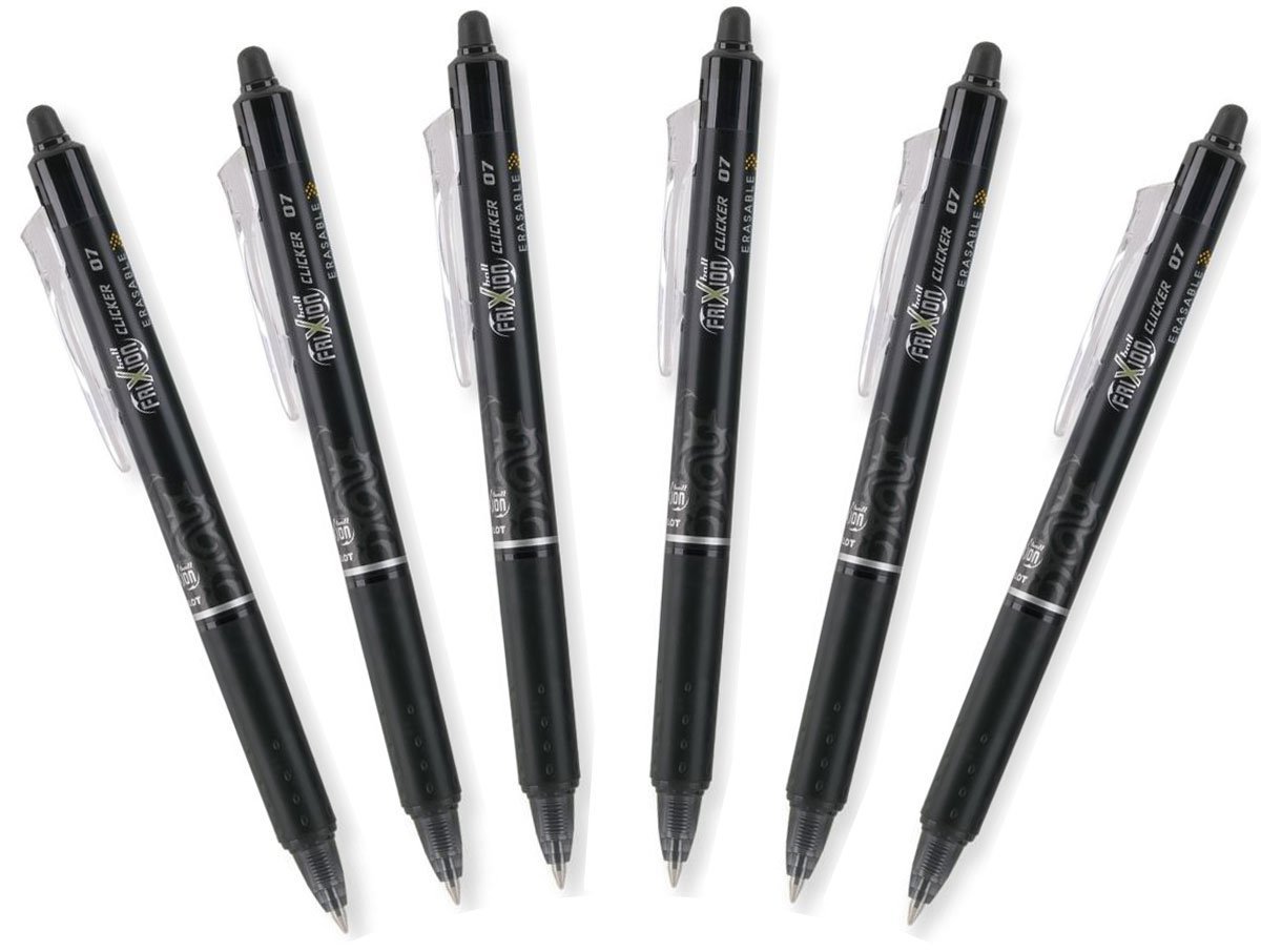 PilotFriXion Clicker 0.7mm, Erasable Gel Pens, Fine Point, Black Ink, Pack Of 6