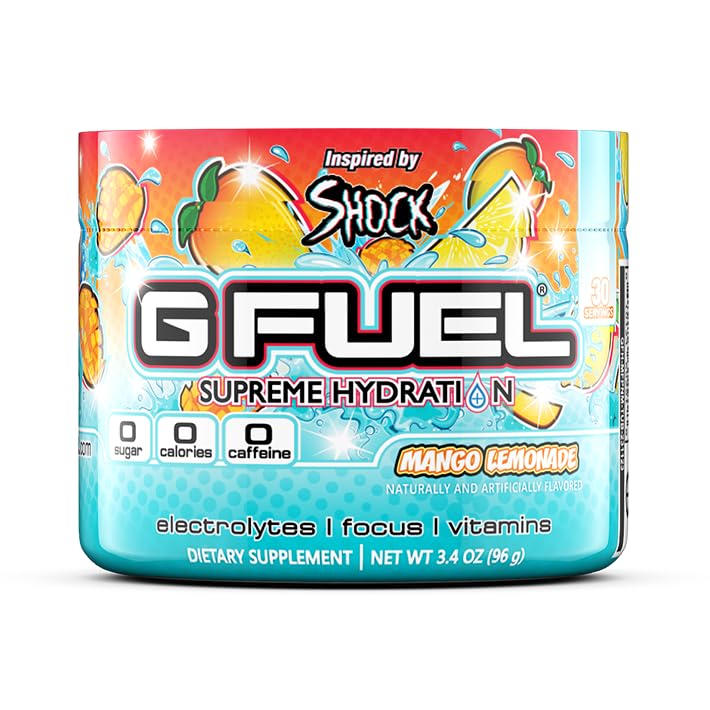 G Fuel Mango Lemonade Electrolytes Powder, Water Mix for Hydration, Energy and Focus, Sugar Free, Zero Caffeine Supplement with Essential Minerals, Mango Lemonade Flavor, 3.4 oz (30 Servings)