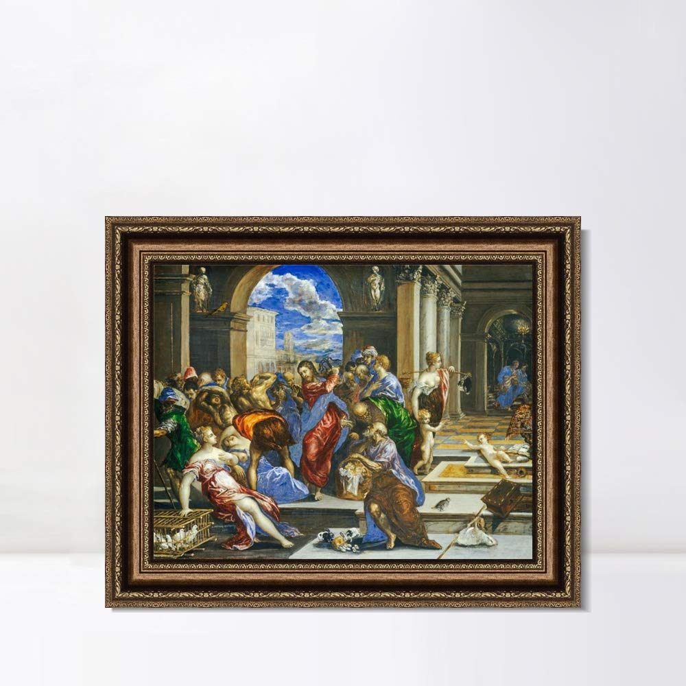 INVIN ART Framed Canvas Art Giclee Print Christ Driving The Traders by El Greco Wall Art Living Room Home Office Decorations(Vintage Embossed Gold frame,20"x24")