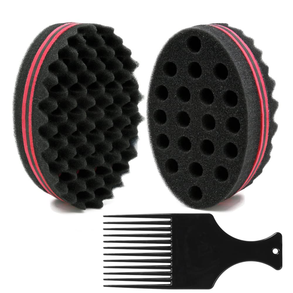 BEWAVE Big Holes Barber Hair Brush Sponge Dreads Locking Twist Afro Curl Coil Wave Hair Care Tool, 2 Pcs with 1 Pc Hair Pick