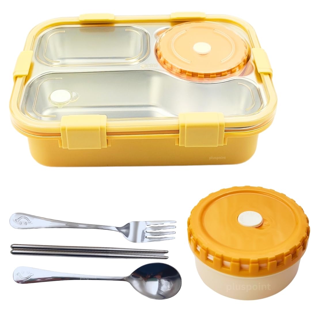 PLUSPOINTBento Lunch Box Insulated Air Tight Lunch Box and Portable Utensils, Stainless Steel Lunch Containers, Leak Proof Bento Box for Kids, Adults, Men Women (Yellow)