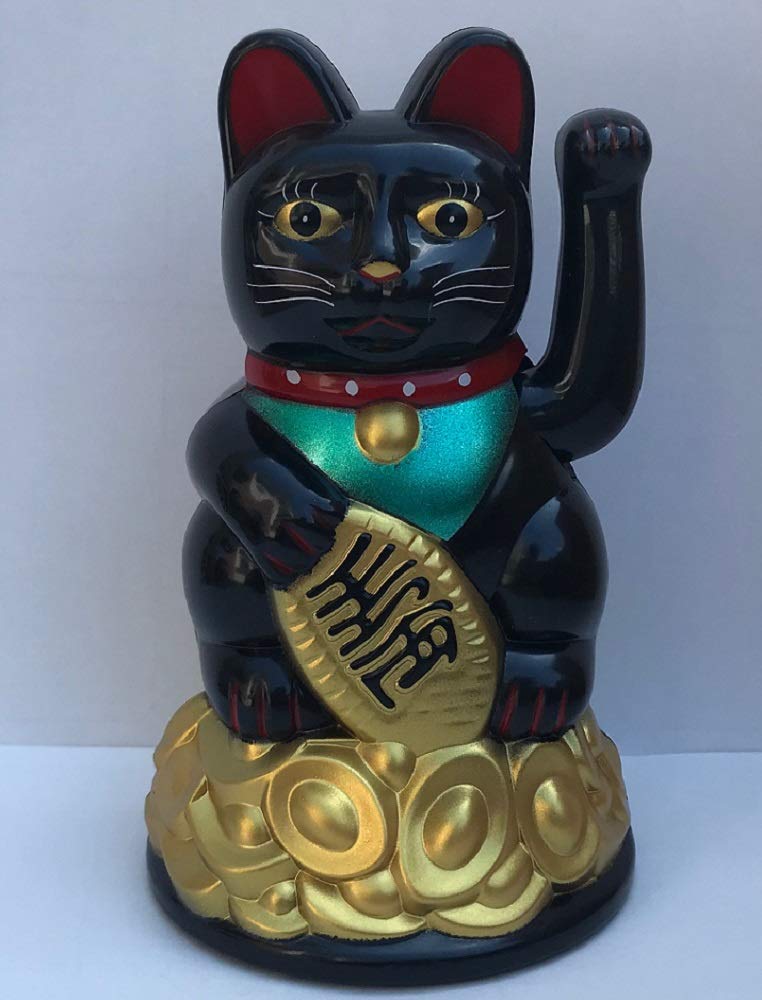 Monkey King Battery Powered Japanes Lucky Beckoning Waving Wealth Cat Kitty Maneki Neko 4.5" Tall Black NO Battery Cover Included