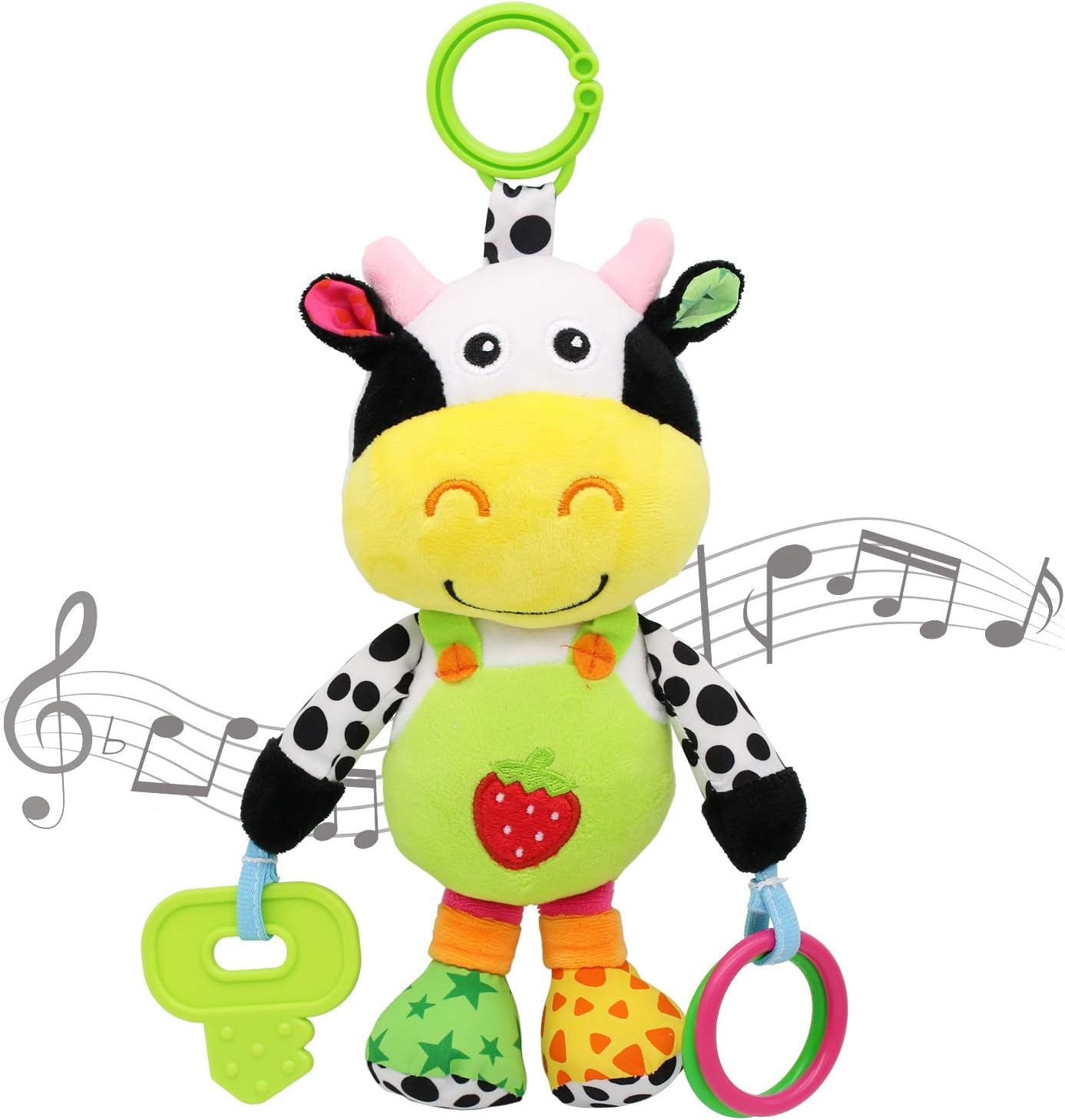 Baby Car Seat Toys with 32 Music and Teether,TOYBY Hanging Rattle Toys Clip-On Stroller Toy for 0 3 6 9 to 12 Months,Plush Animals Baby Rattle Crinkle Squeaky Toys Car Seat Stroller Mobile Toys (Cow)