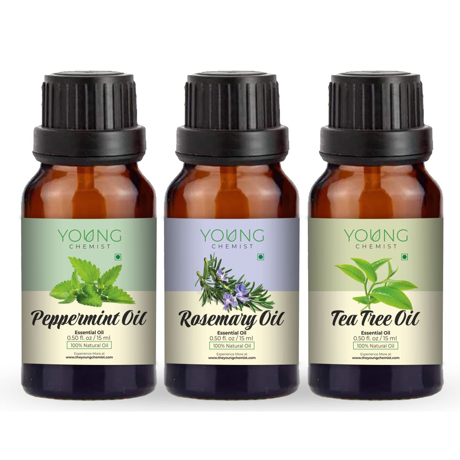 Young Chemist Peppermint, Rosemary & Tea Tree Essential Oils | Pack Of 3 (15 ml each) | 100% Pure, Undiluted, Natural And Therapeutic Grade - Perfect for Aromatherapy, Skin Therapy - 3x15ml