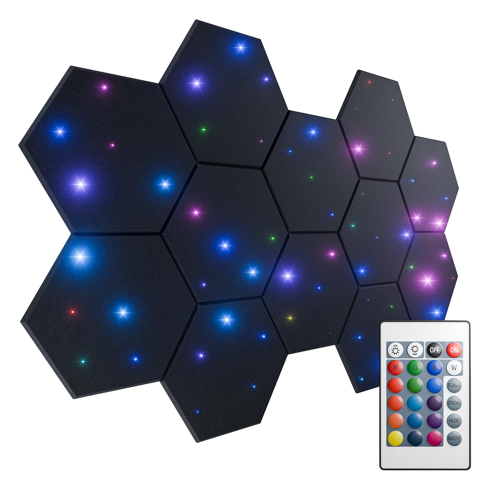 ZenSonic12 Pack Self-adhesive Sound Proof Foam Panels for Walls 12" X 10" X 0.4" - Hexagon Acoustic Panels with Fiber Optic Starlight, Stylish Soundproof Wall Panels Absorb Noise and Wall Decor Black