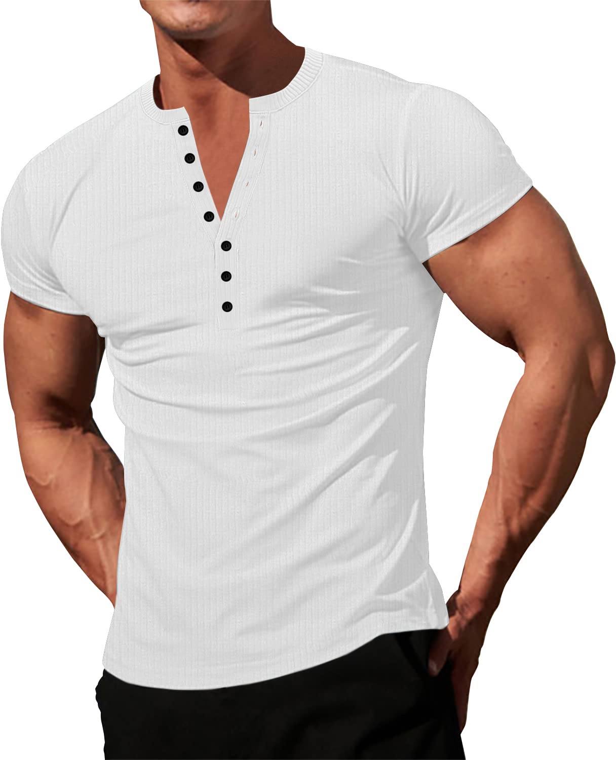 LOGEEYARMens Knit Stretch Henley Shirt Workout Slim Fit Short Sleeve Tees Athletic Muscle Casual T-Shirt