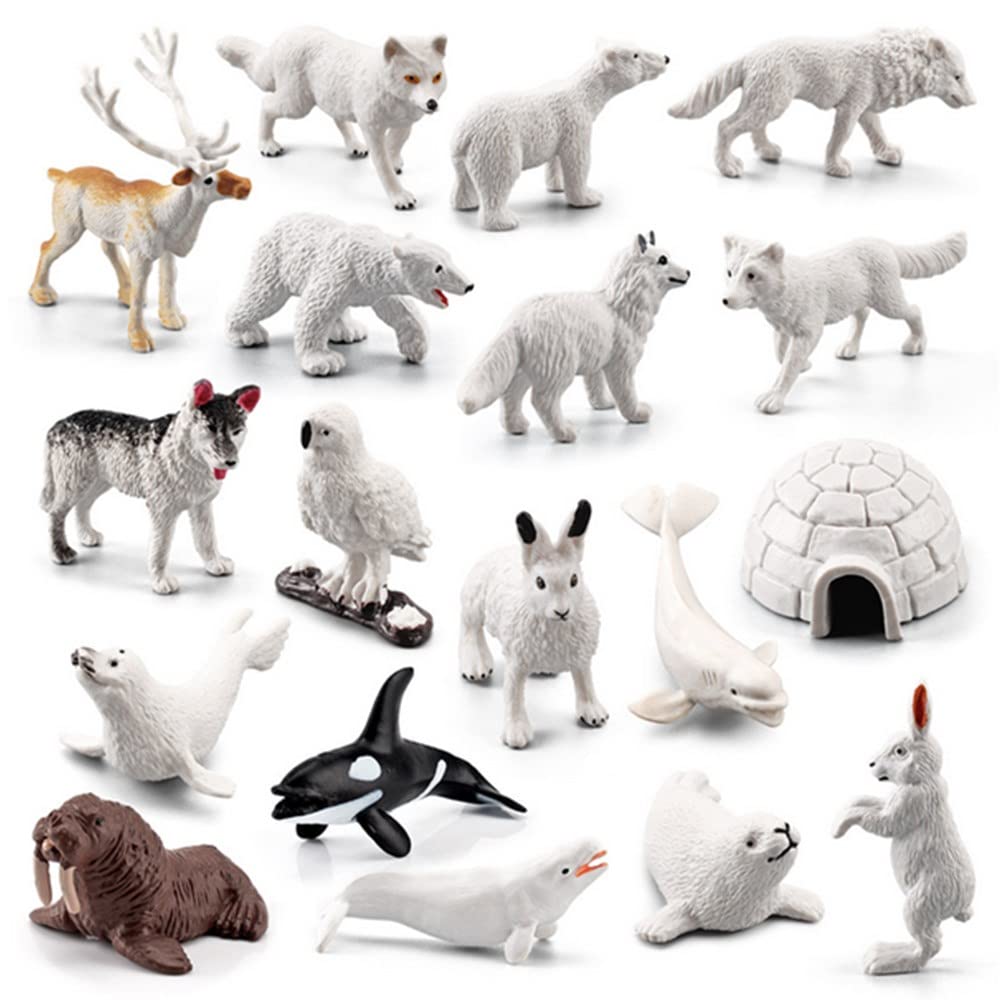 Mini Arctic Animals Figurines Set, 18pcs Mini Arctic Animals Toy,for Toddlers Realistic Plastic Arctic Reindeer White Whale Polar Bear Arctic Fox Wolf Figure Toy for Kids Birthday Gift