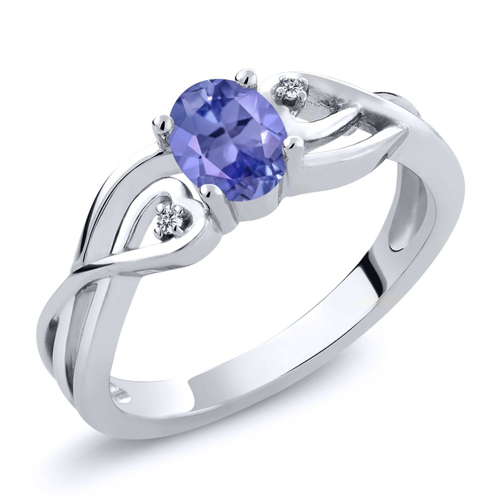 925 Sterling Silver Oval Blue Tanzanite and White Diamond Ring (0.46 Cttw, Gemstone Birthstone)