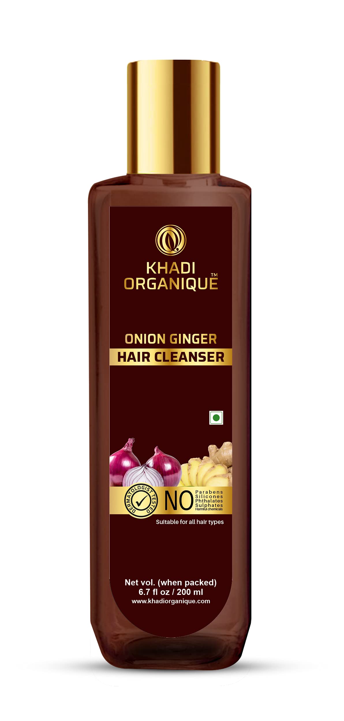 KHADI ORGANIQUEOnion Ginger Hair Cleanser/Shampoo Fights, Minimize Hair Thinning & Breakage Adds Voluminous Hair (200 ml)