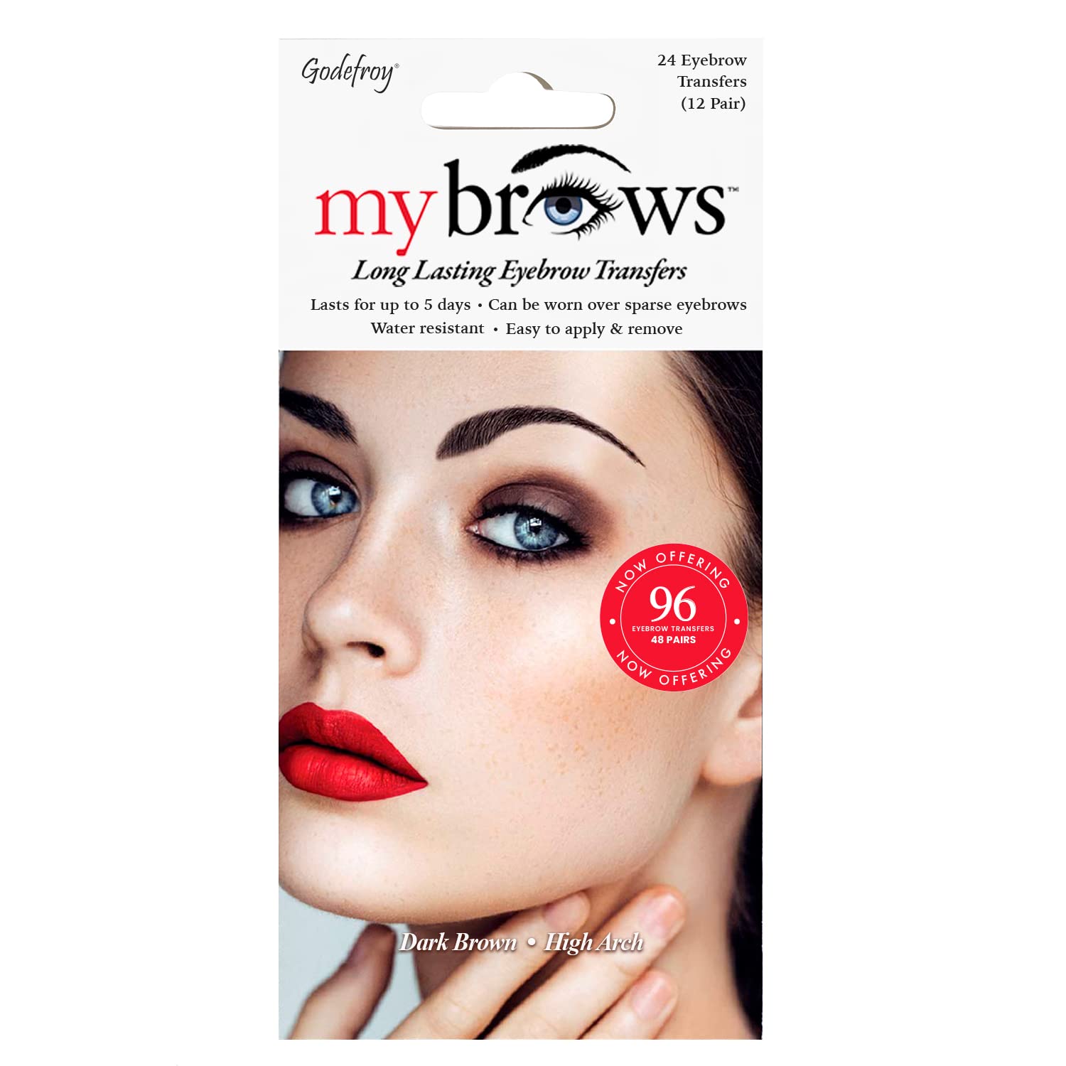 Godefroy MyBrows Long Lasting Eyebrow Transfers, High Arch, Dark Brown, 48-Pairs of Brows (96 Individual transfers)