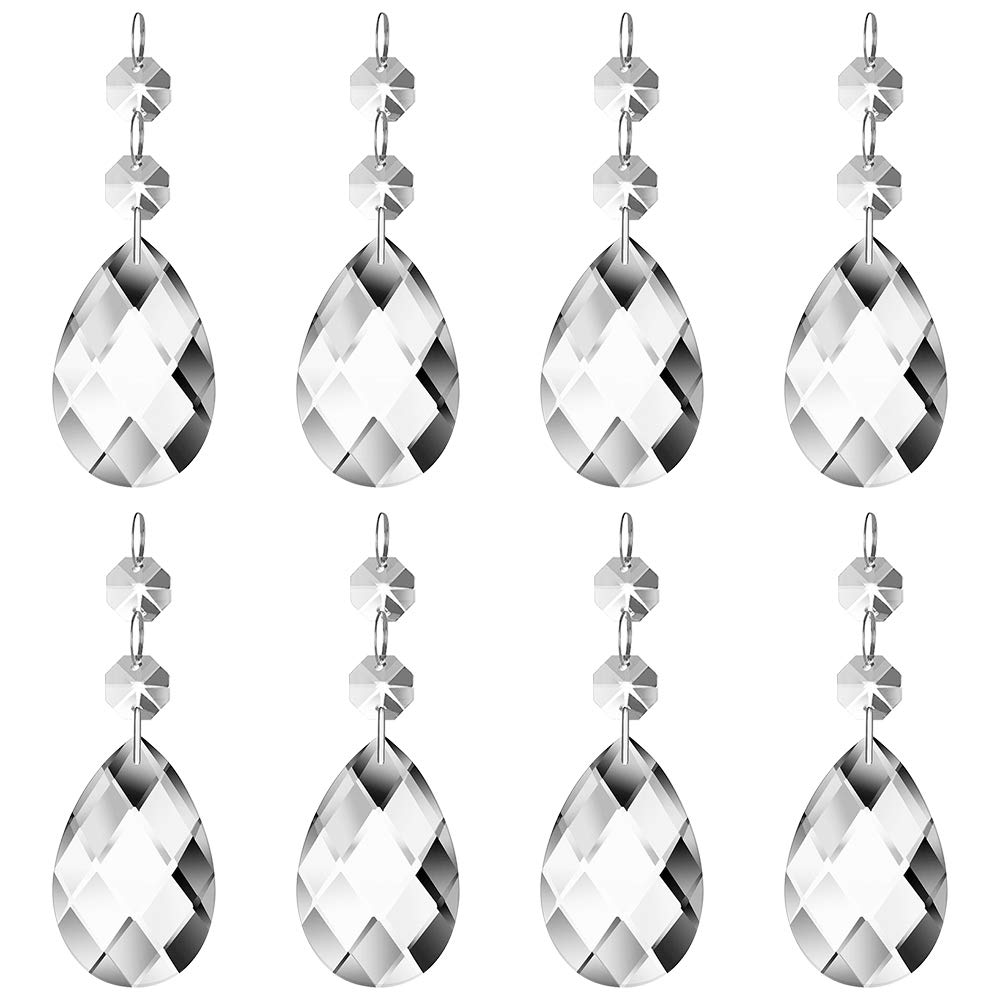 JaneYi (24 Pack) 38mm Teardrop Crystal Pendant Clear Crystal Glass Chandelier Prism Sun Catcher Parts Hanging Drops Pendant with Octagon Bead for Curtain Lamp Vase Garden Party Christmas Wedding Decor