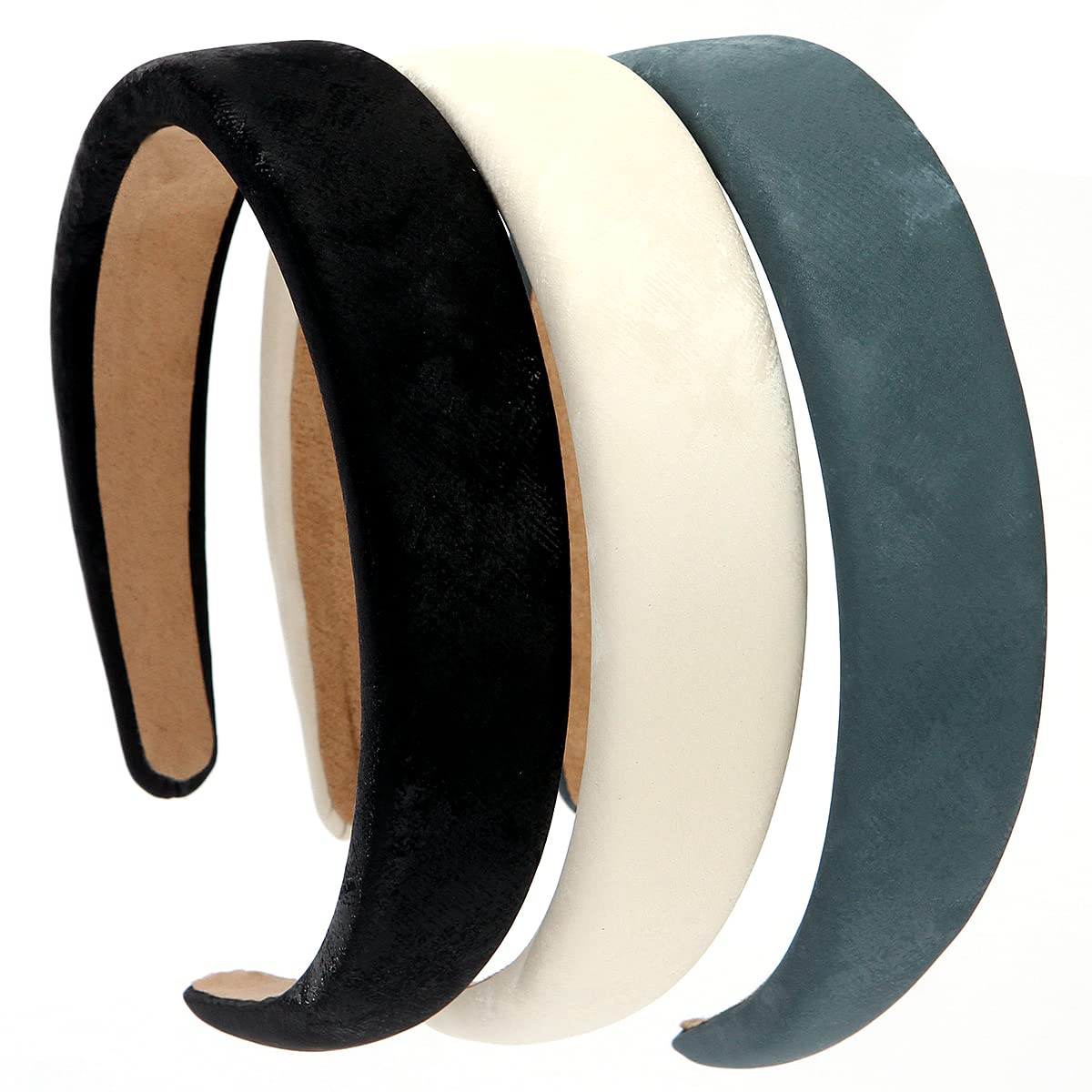 3PCS Leather Hard Headband Wide PU Padded Headband Retro Style Hair Band Fashion Comfortable Headbands for Women and Girls (Black+White+Grey Green)