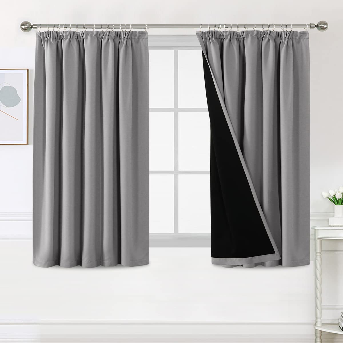 BellaHills 100% Blackout Curtains for Bedroom Thermal Insulated Curtains & Drapes Blackout Curtains Pencil Pleat Curtains for Living Room with Black Liner 2 Panels Set, 46 x 54 Inch, Dove Grey