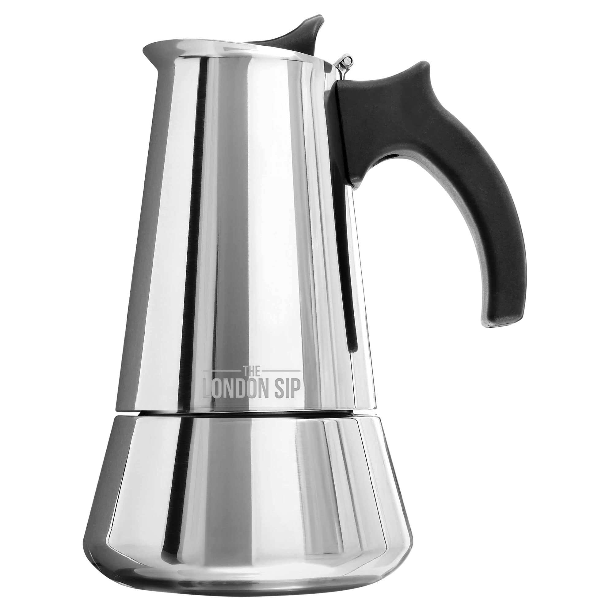 London Sip Stainless Steel Stovetop Espresso Maker Moka Pot Italian Coffee Percolator, Silver, 3 Espresso Cups