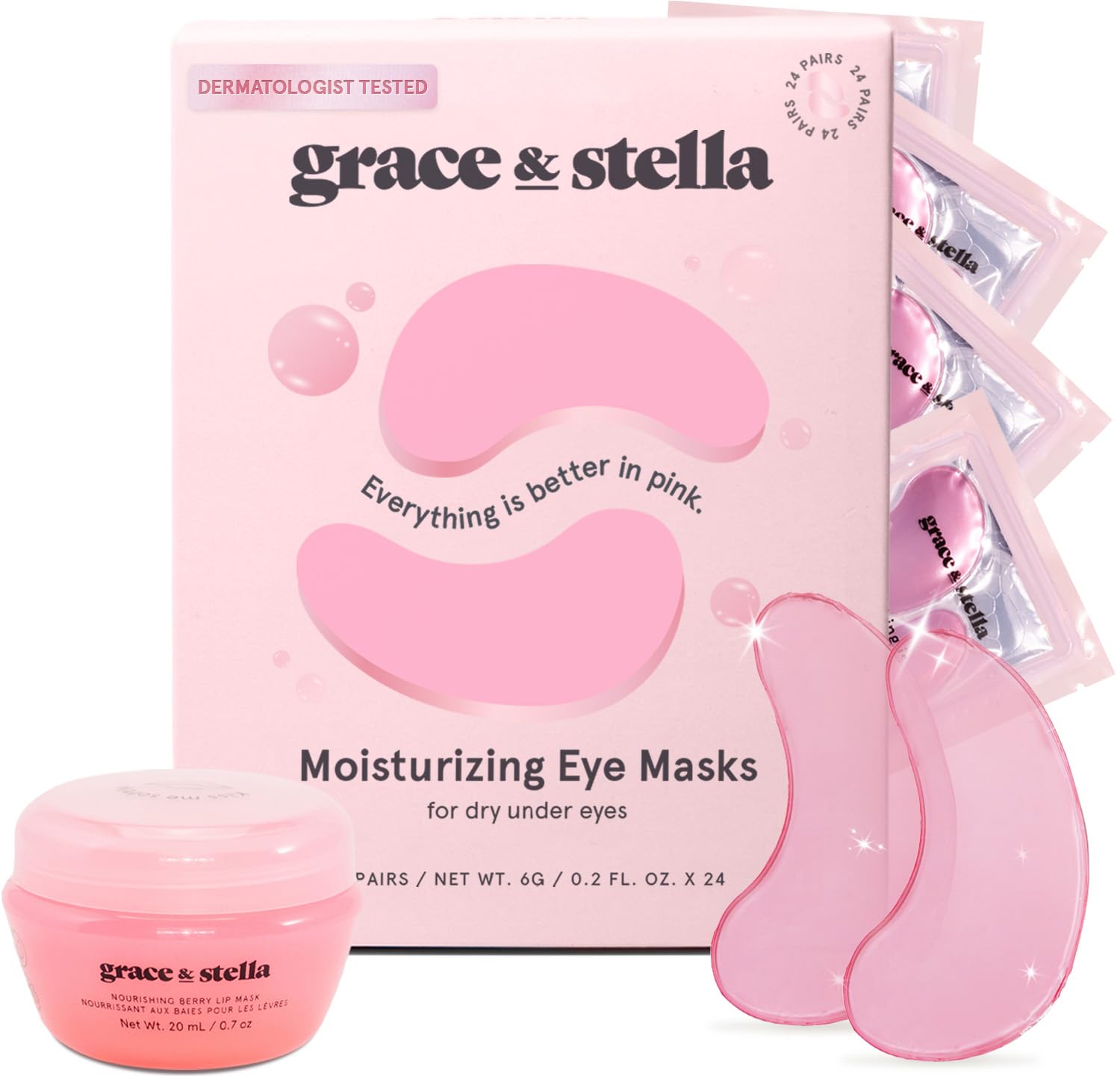 grace & stellaEye Mask Pink 24 Pairs + Hyaluronic Acid Serum 1.7 fl oz Bundle