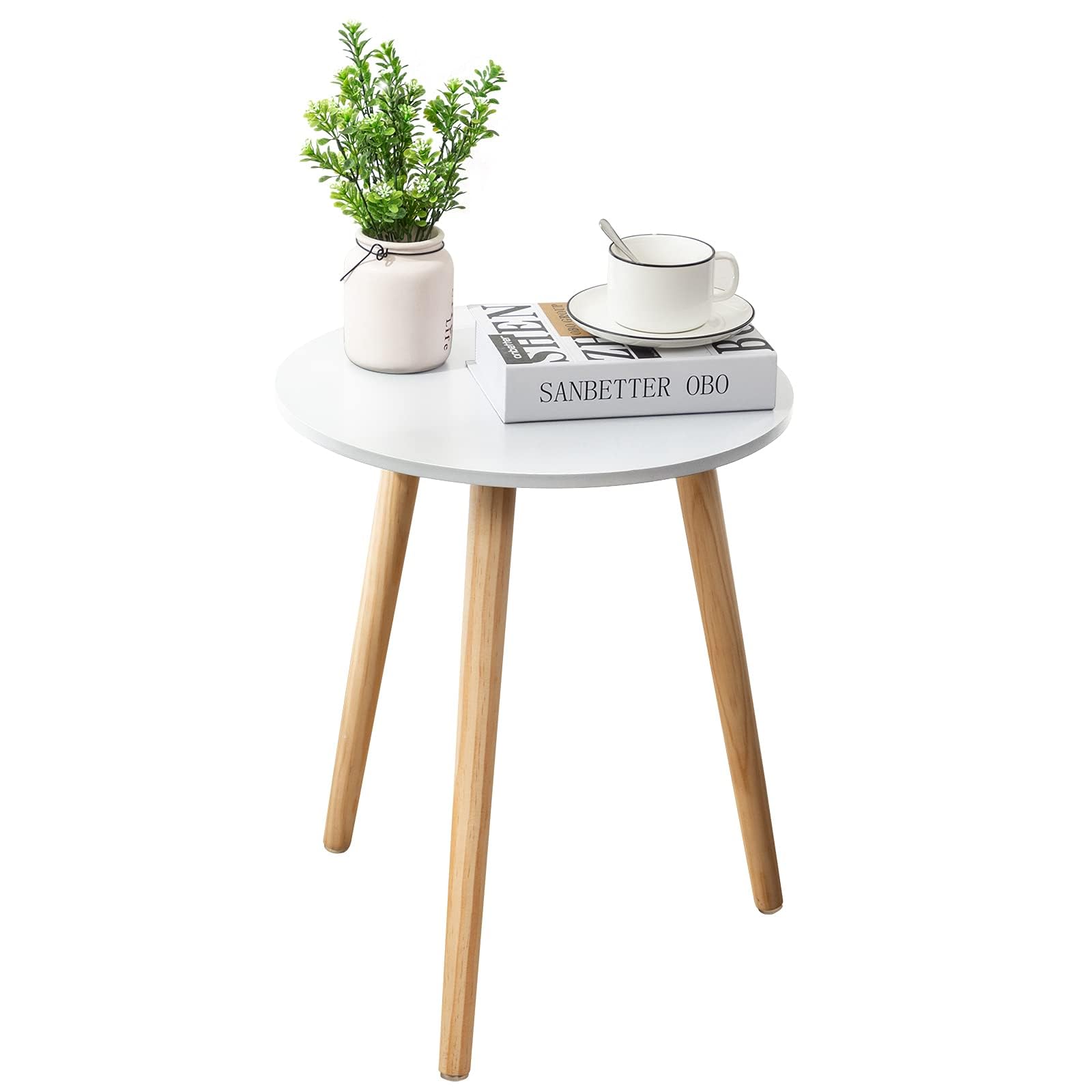 Apicizon Round Side Table, White Bedside Table Coffee End Table for Bedroom, Living Room, Small Spaces, Easy Assembly Nightstands Table with Natural Wood Legs, 16.5 x 20.5 Inches