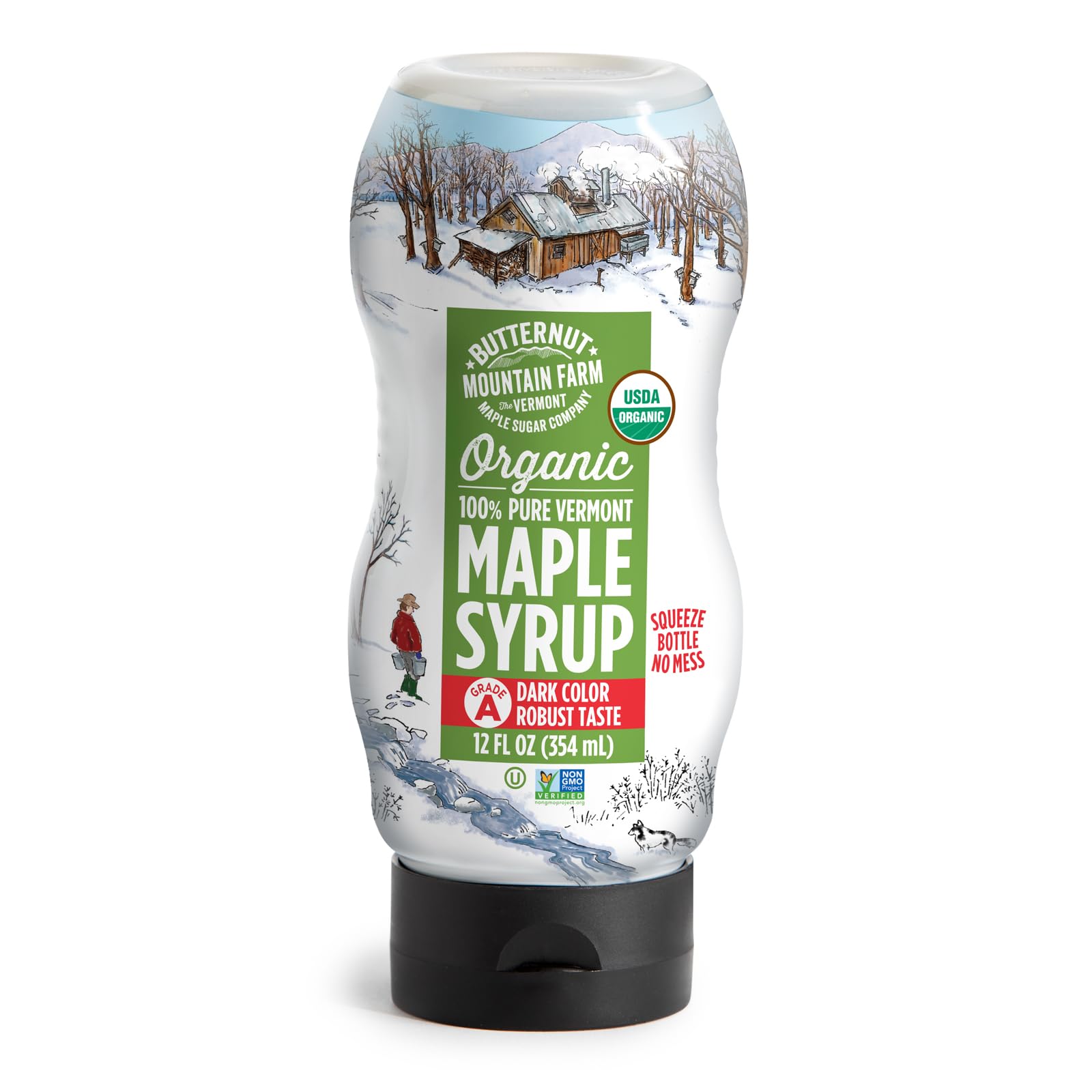 Butternut Mountain Farm 100% Pure Organic Maple Syrup From Vermont, Grade A (Prev. Grade B), Dark Color, Robust Taste, All Natural, Easy Squeeze, 12 Fl Oz