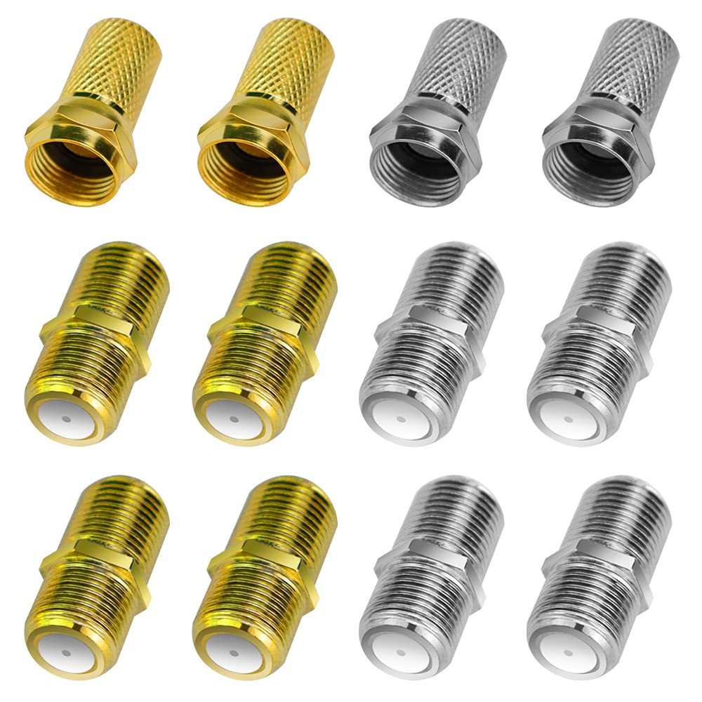 LYTIVAGENF-type Connector Kit with 8 PCS General Rg6 Connector and 4 PCS Female Coupler Screw on F Connectors for Satellite TV SKY/Freesat/Virgin Media Coaxial Cable Extension/Repair(Gold, Silver)