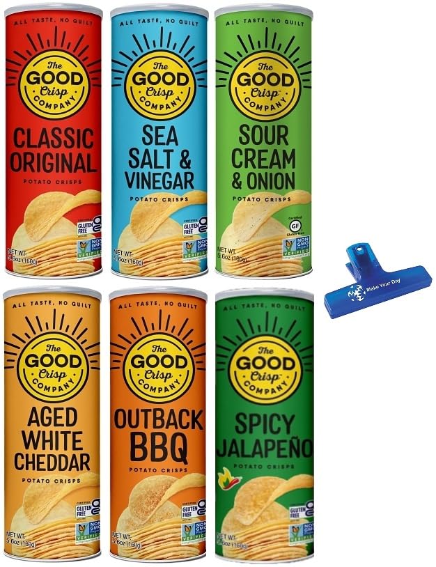 Good Potato Crisps Bundle with Original, Sea Salt & Vinegar, Sour Cream & Onion, Aged White Cheddar, Outback BBQ, and Spicy Jalapeno, 5.6 Ounce (Pack of 6) - Bundled with Make Your Day Bag Clip