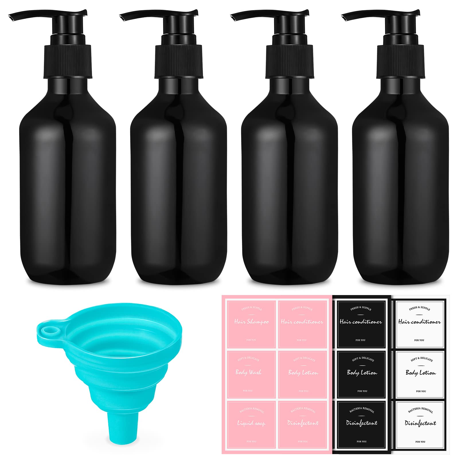 Bestomrogh 4 Pack Empty Shampoo Bottles with Pumps, 10oz/300ml Plastic Refillable Pump Bottle Dispenser for Body Soap Lotion Shampoo Conditioner with Funnel and Label Paper (Black)